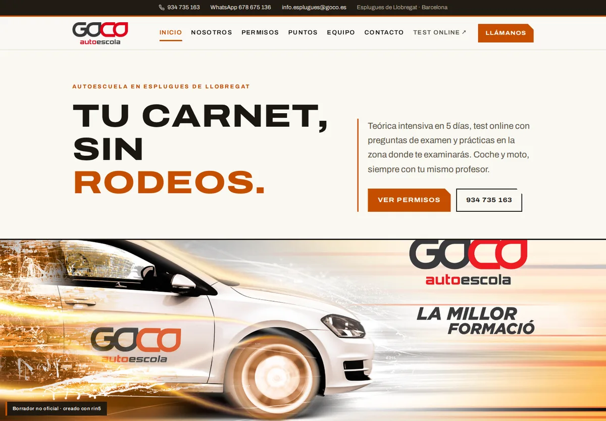 Home de la web de demostración de GOCO Autoescola, hecha por rin5